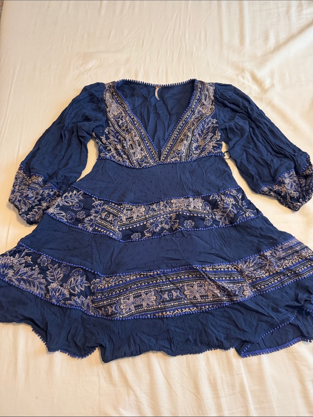 Free People Navy Blue Embroidered Long Sleeve Mini Dress